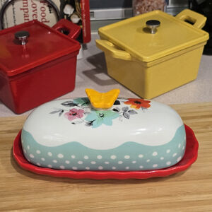 Pioneer Woman Ceramic Butter Dish Lid Floral Butterfly‎ Polka Dot Kitchen Decor